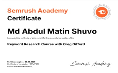 SEMrush Keyword Research Certification - Md Abdul Matin Shuvo